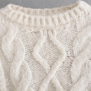 TRAF Žene 2021 Moda jednobojnu Kabel Pletene Džemper Vintage Okrugli Izrez Kratkih Rukava Ženski Puloveri Vanjska Odjeća