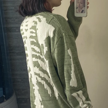Jesen pletene džemper velike veličine sa dugim rukavima i Starinski green sa po cijeloj površini lubanje Slobodan pulover Y2K Estetski E-djevojka Gotička unisex odjeća