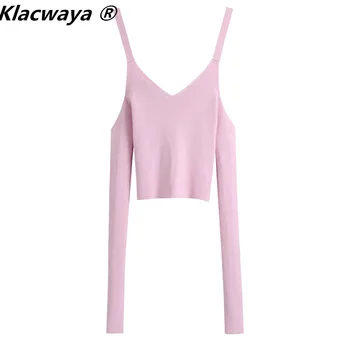 Klacwaya 2021 Ženska moda Pink skraćene pletene džemper s otvorenim ramenima i Starinski Dugi rukav Tanke бретельки Ženski puloveri Šik top