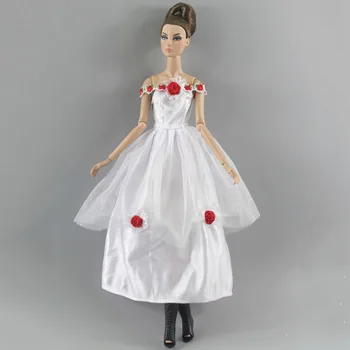 Bijelo Modni Lutkarski Vjenčanica za lutke Barbie, Odijevanje Odjeće Crveni cvijet večernja haljina + Veo 1/6 BJD Pribor za lutke Igračka