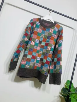 Ženski proljeće-jesen pletene džemper dugih rukava u retro stilu s kariranim uzorkom, pletene pulover, moderan vanjski odjeća, Boja Top 2021 Novi