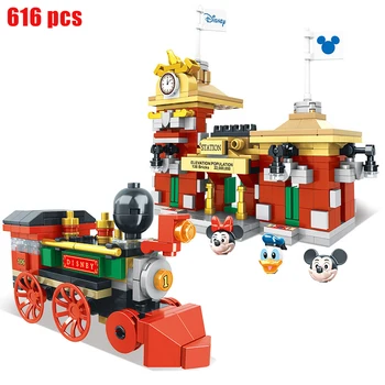 Novi 616 kom. mali blokovi Igračke Disney Željeznički kolodvor Mickey Minnie Patka model blokovi za djevojčice i dječak igračku u dar 3037