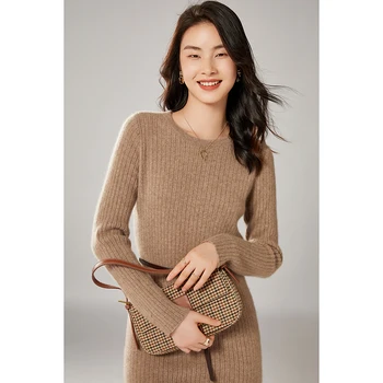 Jesensko-zimsko donje вязаное haljinu-džemper, dugi vuneni pulover okruglog izreza, kašmir pulover na завязках, donji topa