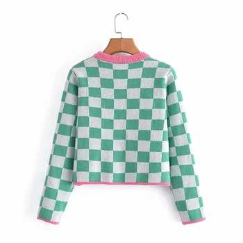 Za žene Za Novi kontrastnoj boji Pletene pulover Džemper Jesen moda Zelena/Bijela kockice Casual tanak vrh s dugim rukavima