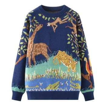 Ženski pulover sa životinjama po cijeloj površini 2021 Retro u skandinavskom stilu Slobodan top pletene ženski džemper, Kaput
