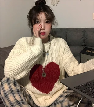Korejski Novi Zimski džemper s dragim uzorkom u obliku srca, Starinski stil Харадзюку, pulover dugih rukava, Slobodan pletene casual džemper