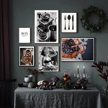 Crno - bijela Žena Zidno Slikarstvo na platnu Kuhinja Dekor Pizza Kava Plakat i print umjetnička slika Za blagovanje Kućni dekor