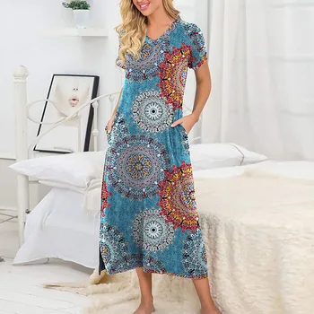 2021 Novu haljinu s cvjetnim ispis Plus Size Modni svakodnevno duga haljina s džepovima Ženska moda V-izrez u obliku kratkih rukava Maxi haljine s prorezom