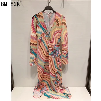 BM Y2K haljina Za žene 2021 Moda s po cijeloj površini na pertla Midi Vintage Haljina s dugim rukavima Bočni otvor Ženske haljine Vestidos Mujer
