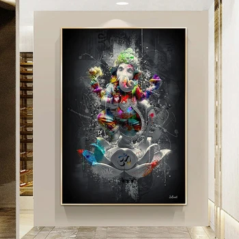 Grafiti Platnu Slikarstvo Hinduistički Slon Bog Zid Umjetnost Religija Ganesh Lotos Poster Ispis Zidno Slikarstvo za Dnevni boravak Kućni Dekor
