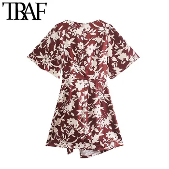 Ženska moda TRAF s завязанным cvjetnim ispis mini Vintage haljina kratkih rukava na munje straga Ženske haljine Vestidos Mujer