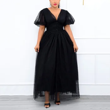Elegantne crne čipke, haljine za žene s visokim strukom, V-izrez, dužine do ankles, Modni večernje haljine za zabave, Haljina Mujer 2021 Novi