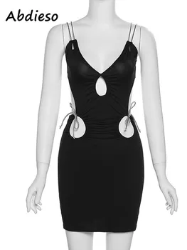 Abdieso Dekoltea, bez naslona bez rukava Seksi večernje haljine Ženska moda 2022 Špageti Remen Crni Luk Mini Ljetno maksi haljina
