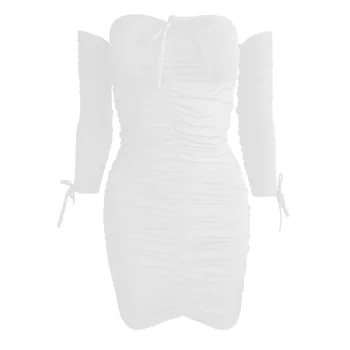 2021 Seksualno bijelo mini haljina za žene s otvorenim ramenima плиссированное preklopljenim uska haljina Ženski večer klupske odjeću s dugim rukavima Ljetnim haljinama