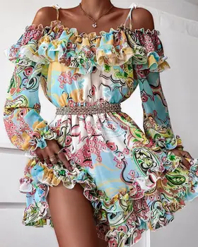 2021 Moda Elegantan s otvorenim ramenima ukrašen Rub Cvjetni print Vilinski cvijet Сарафан Ljetno donje haljina za odmor Odjeća Kawaii