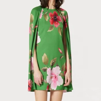 2021 Jesen moda Haljina za pistu Za žene Novi Dizajn Zelena Roza plašt Rukava s cvjetnim ispis Elegantne, seksi haljine