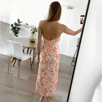 Foridol Narančasta haljina bez rukava s cvjetnim ispis na trake s otvorenim leđima, seksi ljetno haljina Midi u Boho stilu, ženske svečane haljine za plažu