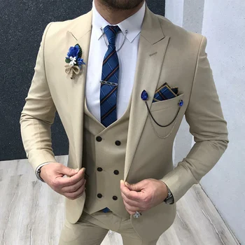 Slim Fit Krem Muška odijela 3 kom. za Vjenčanje 2022 Mal Modne odjeće s oštrim lapels Tuxedos za mladoženju Muški Komplet Jakna s hlačama Vest