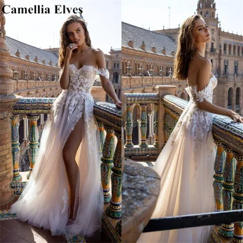 Seksi Svadba haljina s otvorenim ramenima s čipkastim aplikacije u Boho stilu s prorezom Haljine Djeveruša Vjenčanica Vestidos De Novia Slatka
