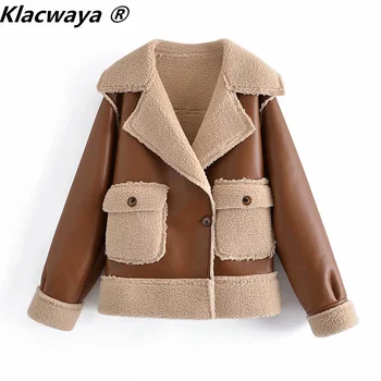 Klacwaya 2021 Ženska moda Umjetna koža Овечья vuna Реверсивное Vintage kaput s dugim rukavima Ženska zimska topla jakna