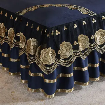 Kraljevski Plava Crystal Baršun, Golden Rose Cvjetne Čipke Vez Posteljina Suknja Za Krevet Jastučnice Home Luksuzni Madrac Gornji Dio Prekrivač Za Krevet