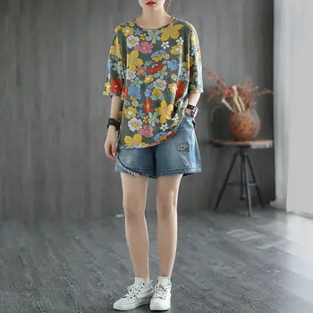 Ljetna bluza s cvjetnim ispis Ženska odjeća veličine i Starinski ženski top kratkih rukava Casual majica 2021