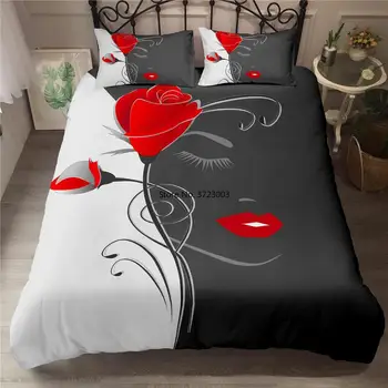 Crna, Bijela i Crvena Ruža Komplet posteljinu 3D Ukras spavaće sobe 2/3 kom. Veličina Kralja i Kraljice Apsolutno Veo Jastučnicu