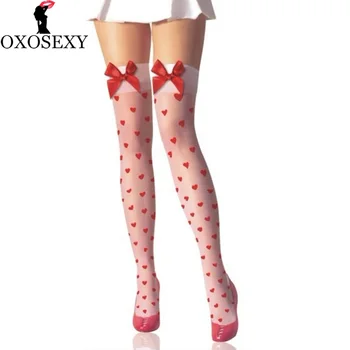 Crno bijeli crveni luk tanke seksi ženske čarape Čarape s сердечком od najlona Top do bedara Prozirne čarape do koljena Donje rublje 359