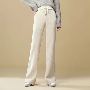 Samt jesensko-zimske hlače Ženske debela toplinska s visokim strukom ravnici osnovne široke hlače za sušenje Elegantne dame PR Soft šik, Udoban