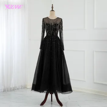 Nova Kolekcija Crno kristal večernja haljina od perli dugi rukav od tila Aline Dužine do čaj Ženske Elegantne večernje haljine