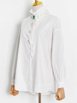 TWOTWINSTYLE monotono uzročnu košulja za žene s rol-bar i rukava-svjetiljku u Patchwork stilu s dijamantima, sklopivi nabrane besplatne majice Ženski stil