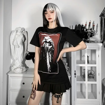 Gotička crtić grafički t-shirt Y2K Mall, gotička majica okruglog izreza i kratkih rukava, Velike dimenzije, majice Harajuku E Za djevojčice, modni seksi odjeća Tumblr