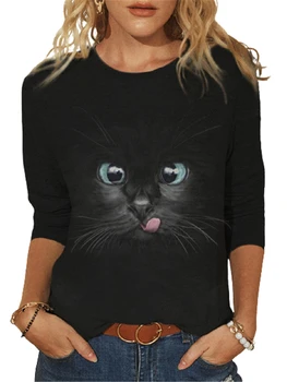 Trendy cool naočale Mačka 3D t-shirt s po cijeloj površini Za žene Svakodnevne majice dugih rukava i okruglog izreza 2022 Proljeće i Jesen Ulica odjeća dama prevelike majice