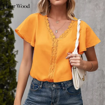 Fleur Wood Ženske bluze Šifon 2021 Elegantne cvjetne čipke bluza u patchwork stilu s V-izrez Svakodnevni ženska majica Top Seksi выдалбливают ženske košulje