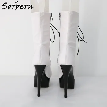 Sorbern Čvrste bijele čizme na vrlo visoku petu s okruglim vrhom Kratke čizme za ženske Dizajnerske cipele za nestandardne boje s cross-patent zatvarač