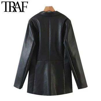 TRAF Ženska moda Umjetna koža Blazers na jedan preklopni Kaput Vintage Džepa s dugim rukavima Ženska gornja odjeća Šik vrhovima