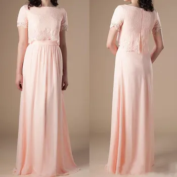 Od dva dijela Skromne svile plave, ružičaste Djeveruša haljina s kratkim rukavima Čipke top Večernje haljine Boho Vjenčanica