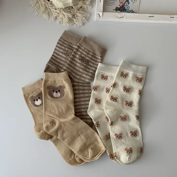 Tri para drago medvjeda žakard čarapa srednje dužine za djevojčice u početku jeseni novi studentski pamuk univerzalne tople čarape za djecu