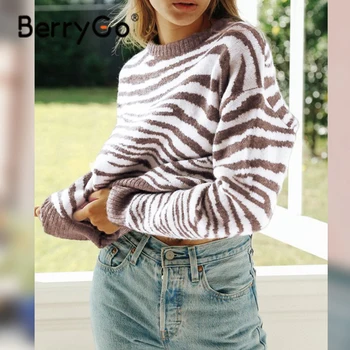 BerryGo Za prugasti zebre s okruglog izreza ženski pulover jesen casual ženski džemper dugih rukava zimi besplatno office kardigan s otvorenim ramenima