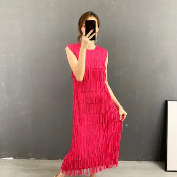 Issy Мияке dizajn donje плиссированное haljina ružičasto-crveno novu haljinu s okruglog izreza i resama, плиссированная suknja