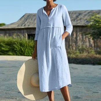Besplatno haljina u stilu eksplozije ljeto s konvencionalnim rukavima однобортное od pamuka i lana godišnje svakodnevni ženska odjeća 2021 topla rasprodaja