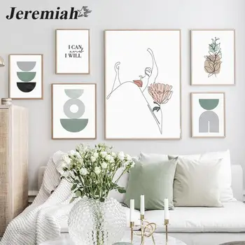 Sažetak Plakati i grafike u Boho stilu Minimalistički Linearni crtež Djevojka Botanički Zid umjetnosti Slikarstvo na platnu Zidne slike Kućni dekor